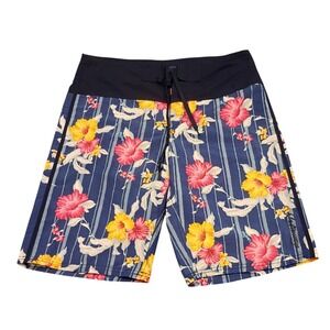 Castaways Board Shorts Men 34 Blue Floral Hibiscus Striped Swim Trunks Beachwear